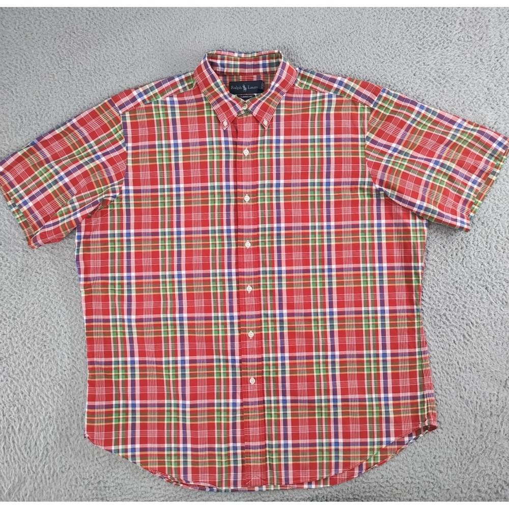 Ralph Lauren Shirt Mens XL Red Plaid Classic Fit Short Sleeve Button Down 41381